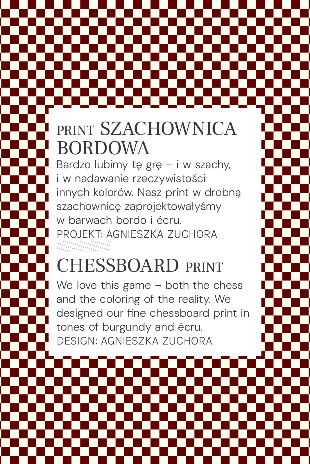 Szachownica bordowa i écru – print odzieżowy w klasycznym wzorze szachownicy, projekt Agnieszki Zuchory