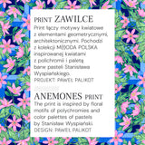 Kwiatowy print Zawilce z geometrycznymi elementami, inspirowany polichromią i pastelami Wyspiańskiego, projekt Paweł Palikot