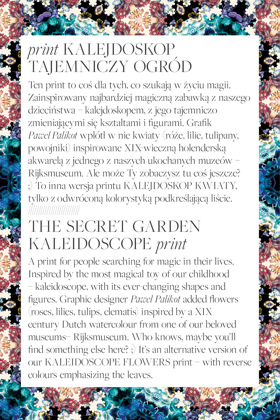Kalejdoskopowy print 'Tajemniczy Ogród' – kwiaty inspirowane akwarelą XIX w. i kalejdoskopem, idealny dla kobiet szukających magii w modzie.