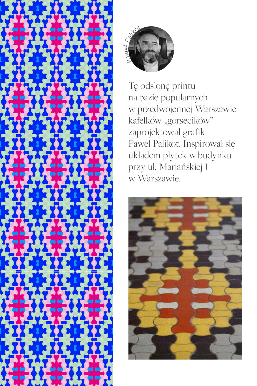 Kolorowy, geometryczny print inspirowany warszawskimi kaflami 'gorsecików', projekt Paweł Palikot