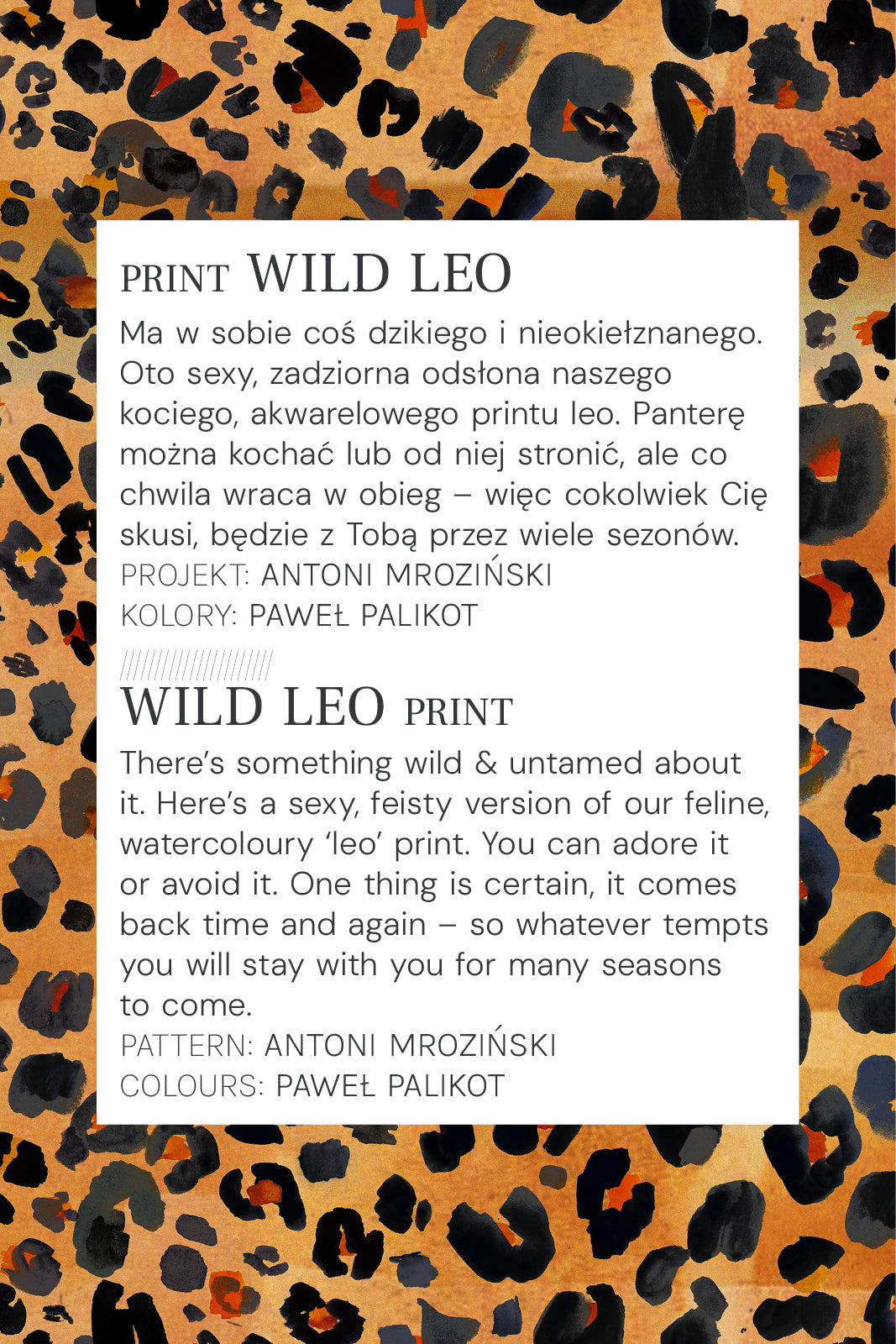 Dzikie, akwarelowe wzory leo w kolorach pomarańczowo-czarnych – print Wild Leo dla odzieży damska