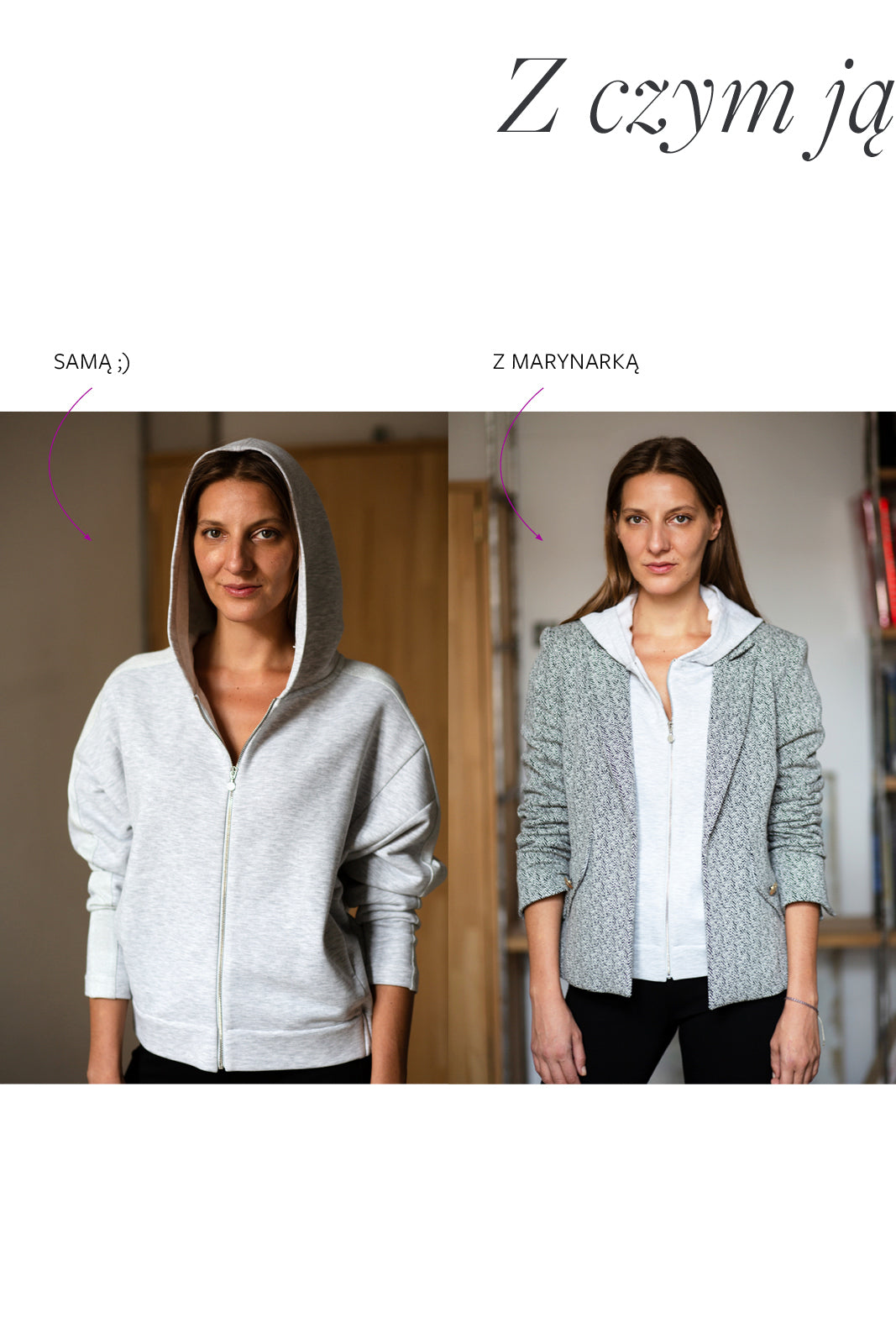 Szara bluza z kapturem i sweter z marynarką – stylowy look z polskiej marki odzieżowej