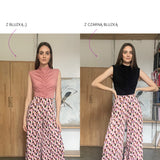 Szerokie spodnie w geometryczny wzór z różową i czarną bluzką, stylowe i wygodne