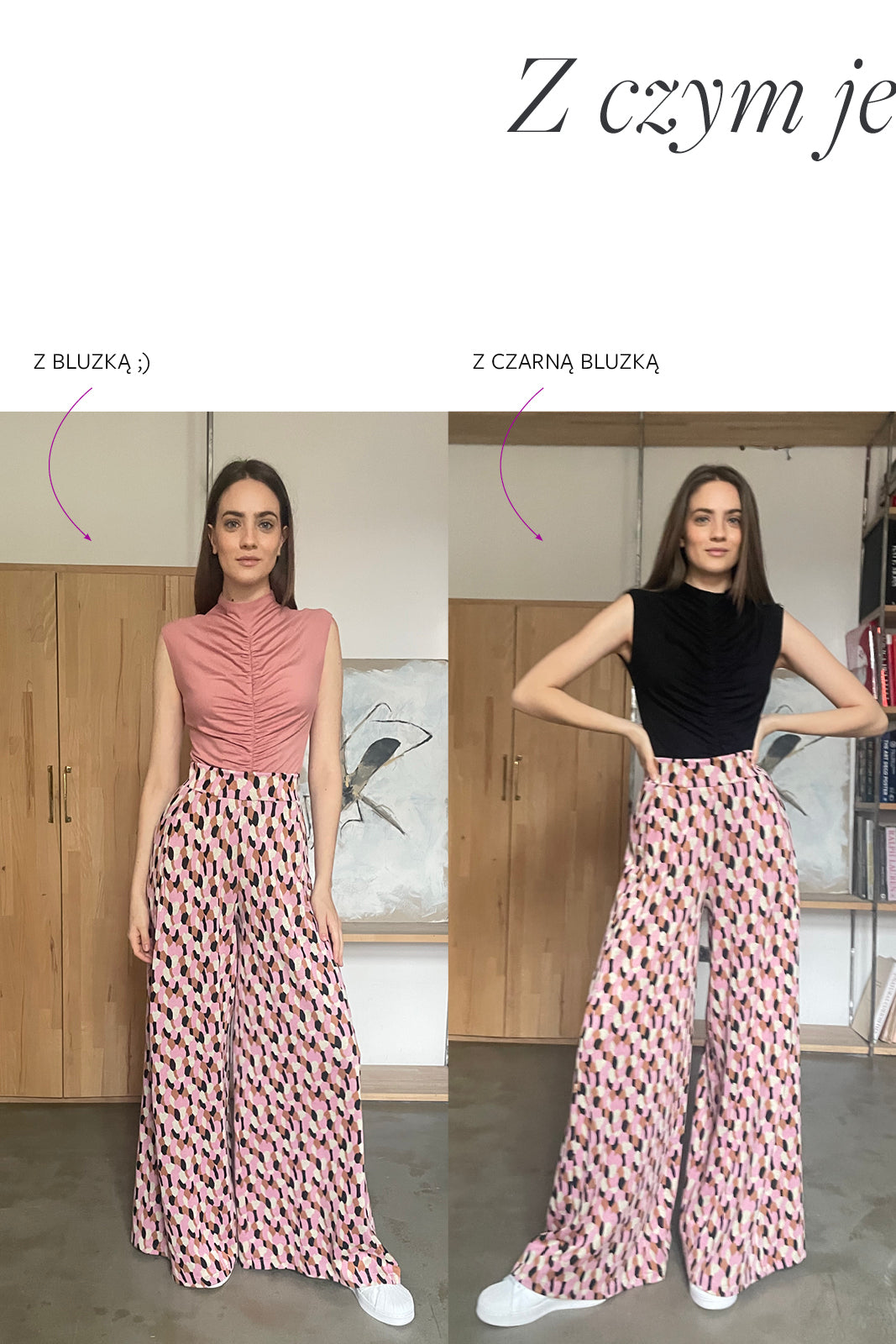 Szerokie spodnie w geometryczny wzór z różową i czarną bluzką, stylowe i wygodne