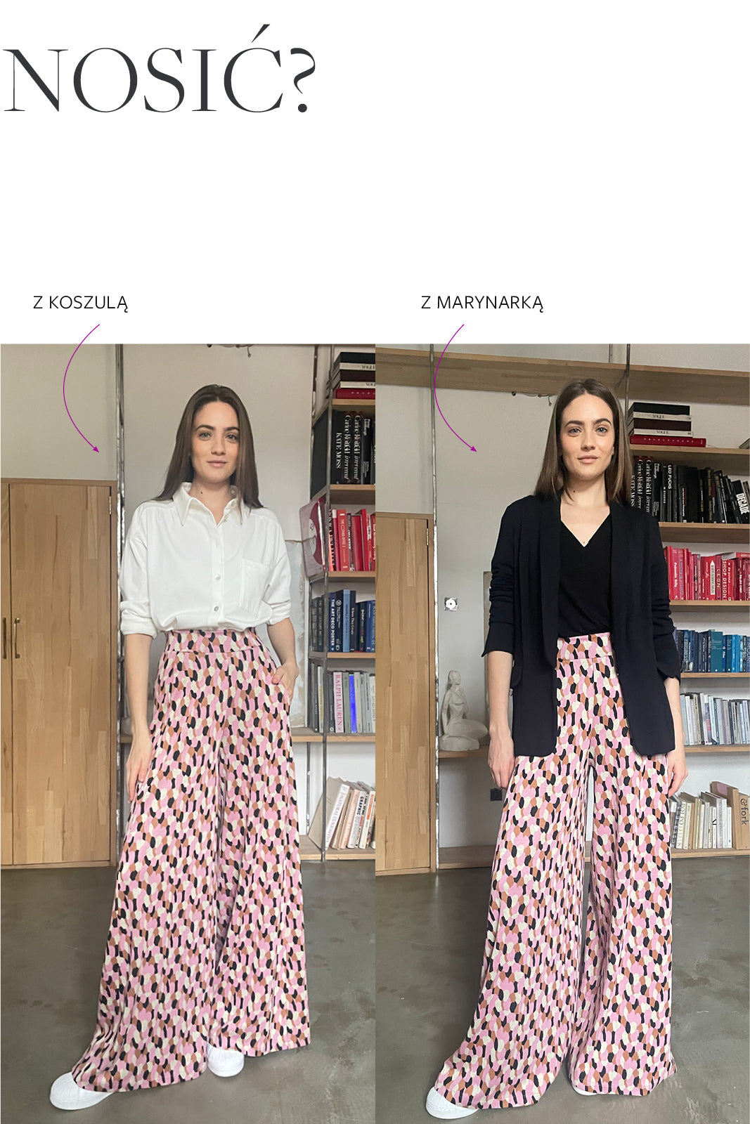 Szerokie spodnie w geometryczny wzór – z koszulą lub marynarką, stylowy look na co dzień