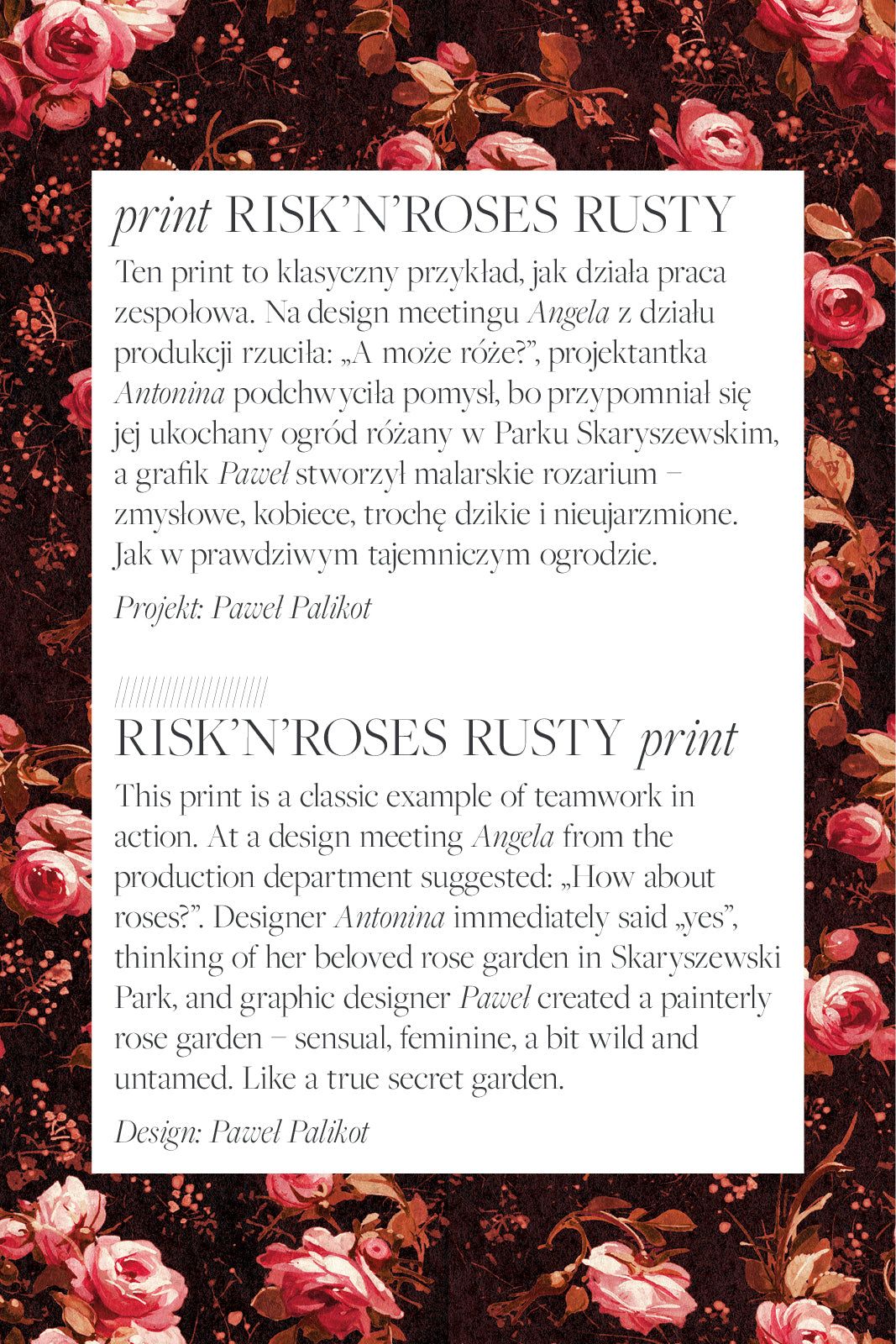 Rustykalny wzór róż RISK’N’ROSES – kobiecy, malarski, z nutą dzikości, idealny na sukienki i ubrania